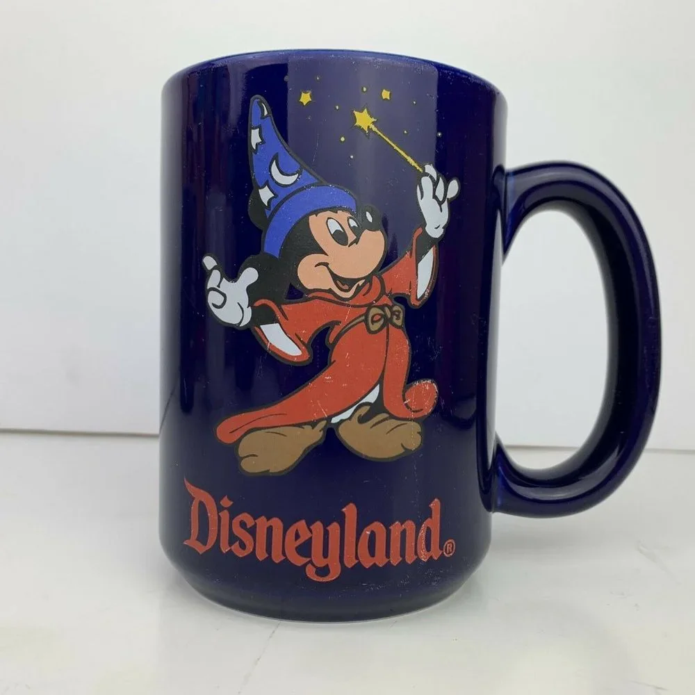Disneyland Mickey Mouse Blue Mug Fantasia Wizard Wand Yellow 18oz Coffee Vintage